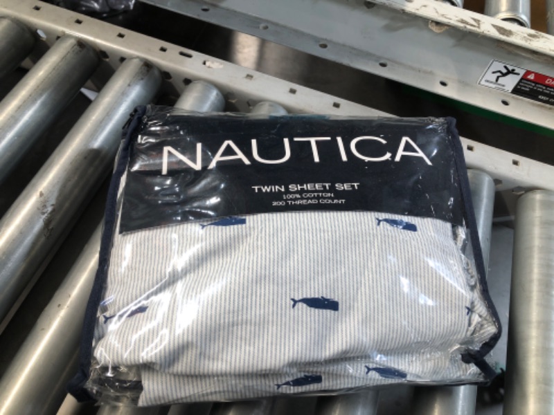 Photo 2 of **USED SET NOT COMPLETE**Nautica - Twin Sheets, Cotton Percale Bedding Set, Lightweight & Breathable Home Decor, Dorm Room Essentials (Whale Stripe Blue, Twin)
