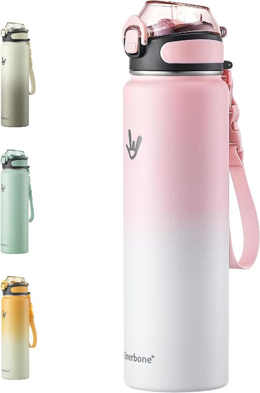 Photo 1 of (READ FULL POST) Enerbone Insulated Water Bottle, 32 oz Stainless Steel Water Bottles with Carrying Strap, Double-Wall Vacuum Insulation Thermos, Leakproof Sports Bottle with Straw, Keep Drinks Hot or Cold for Hours