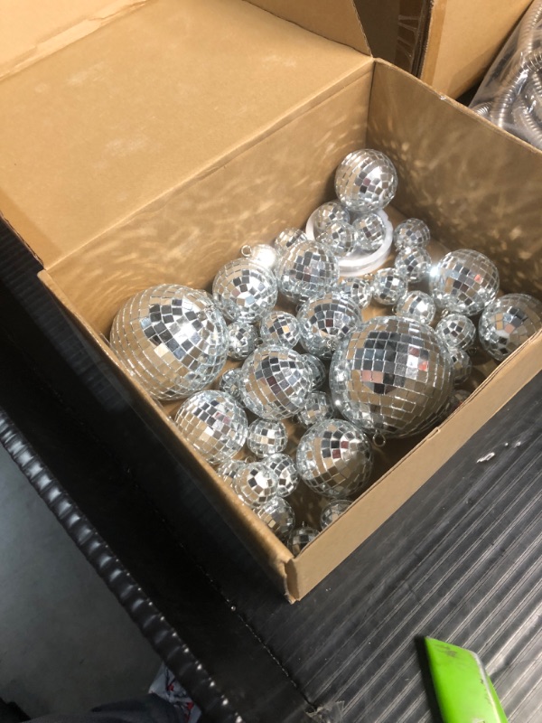 Photo 3 of ***Not all of disco balls*** 54 Pcs Disco Ball, Hanging Disco Ball Decor Mini Silver Disco Ball Cake Topper Mirror Ball Decorations 71s Disco Themed Party Wedding Christmas Supplies