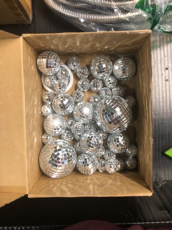 Photo 2 of ***Not all of disco balls*** 54 Pcs Disco Ball, Hanging Disco Ball Decor Mini Silver Disco Ball Cake Topper Mirror Ball Decorations 71s Disco Themed Party Wedding Christmas Supplies