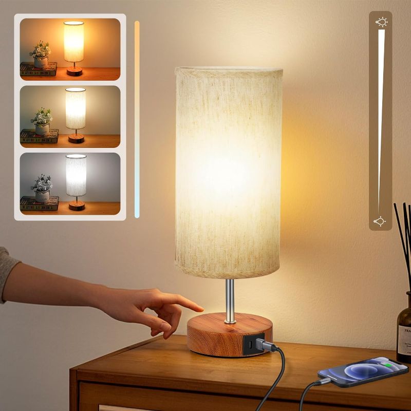 Photo 1 of ***MISSING 1 BULB*** ***STOCK PHOTO REFERENCE ONLY***Stepless Dimming Small Lamp with 3 Color Temperature, Touch Table Lamps for Nightstand with USB A + C Ports, Bedside Lamps for Living Room Bedroom, Desk Lamp for Dorm Office, Gifts for Girl Mom, Beige
