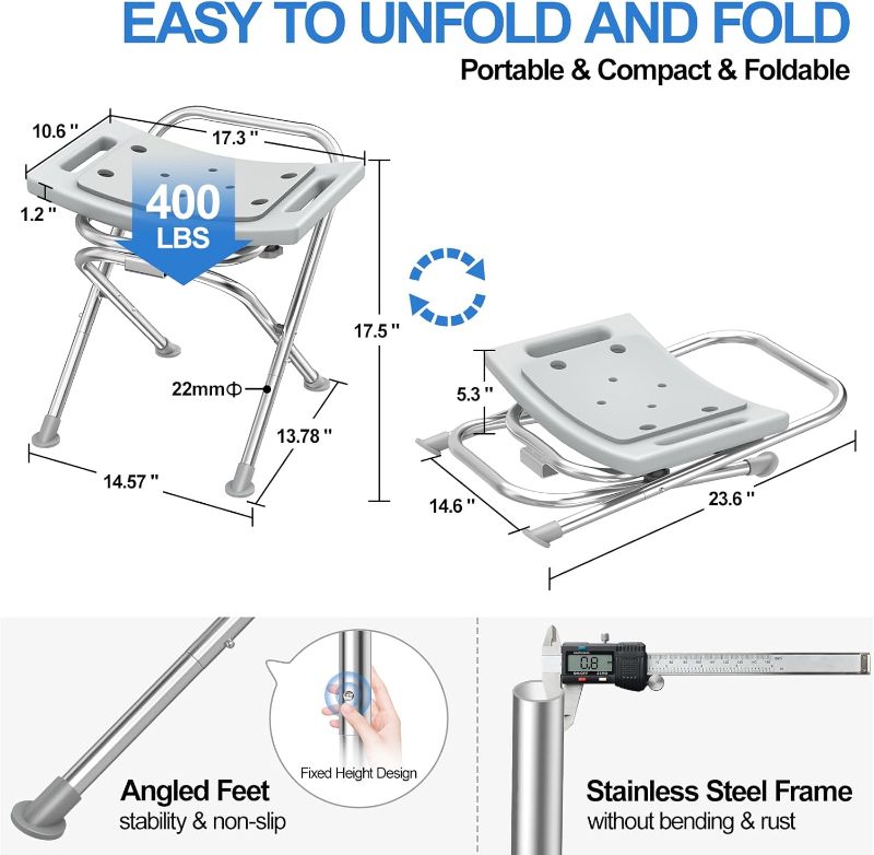 Photo 3 of (READ FULL POST) UGarden Folding Shower Chair Seat, Stainless Steel Shower Chair for Inside Shower with Pad/Grab Bar, 400lbs Gray