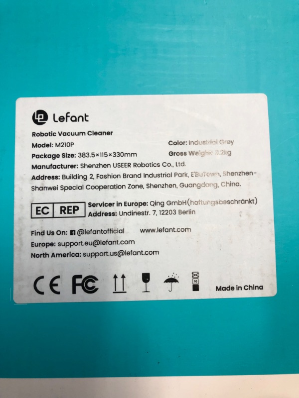 Photo 1 of ***ITEM TESTED FOR POWER, UNABLE TO TEST FURTHER***Lefant Robot Vacuum Cleaner, 6 Cleaning Modes, Schedule Time, WiFi/APP/Alexa, 2200Pa Suction, 120 Min Runtime, Self-Charging Robotic Vacuum, Slim, Quiet, Ideal for Pet Hair, Hard Floors(M210 Pro)Lefant Ro