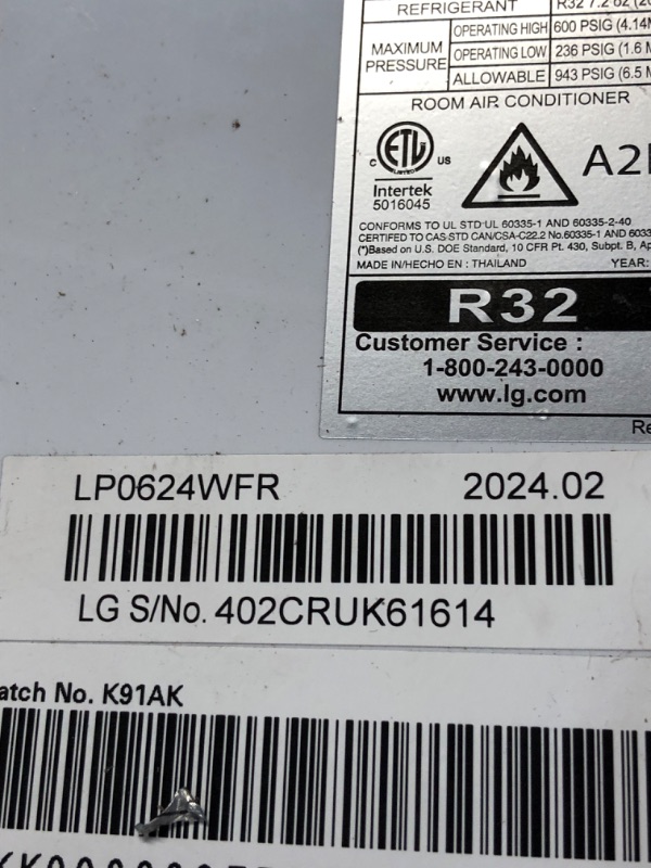 Photo 3 of **NONREFUNDABLE**FOR PARTS OR REPAIR**SEE NOTES**
LG LP0524WFR Portable Air Conditioner w/Remote, Cools 150 Sq.Ft, Quiet Operation, 115V, 5,000 BTU (7700 ASHRAE), White