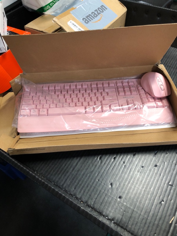 Photo 1 of MEETION Wireless Keyboard and Mouse, Computer Keyboard Mouse, 3 DPI Adjustable USB A and USB C Adapter Full-Sized Cordless Keyboard and Mouse, Wrist Rest for PC/Computer/Laptop/Windows/Mac, Pink