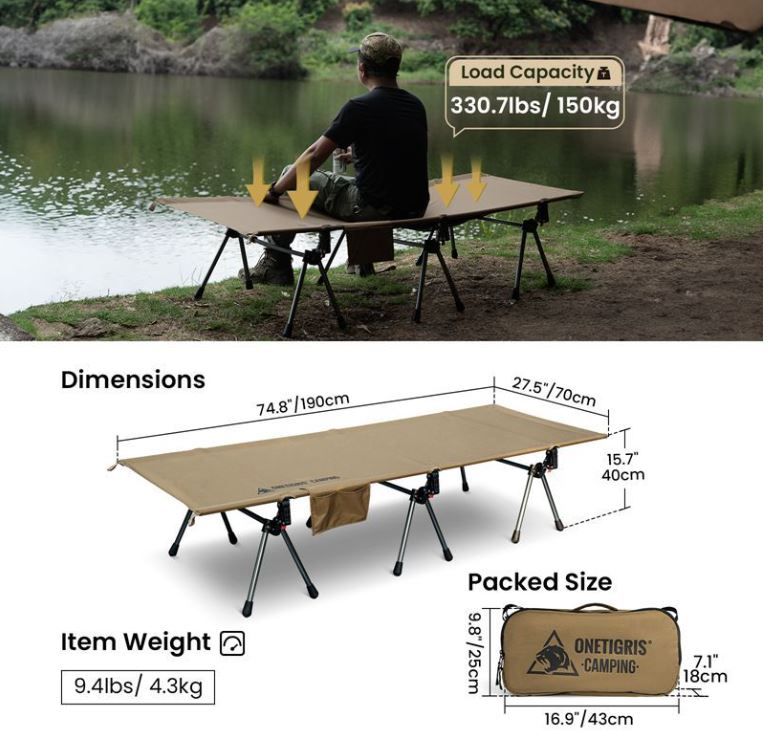 Photo 4 of (READ FULL POST) OneTigris SUPRANUBIS Camping Cot, Height Adjustable with Cot Leg Extenders, Strong Support 330lbs, Lightweight Comfortable Folding Bed for Camping, Hiking, Travel, Truck, Beach, Office Nap