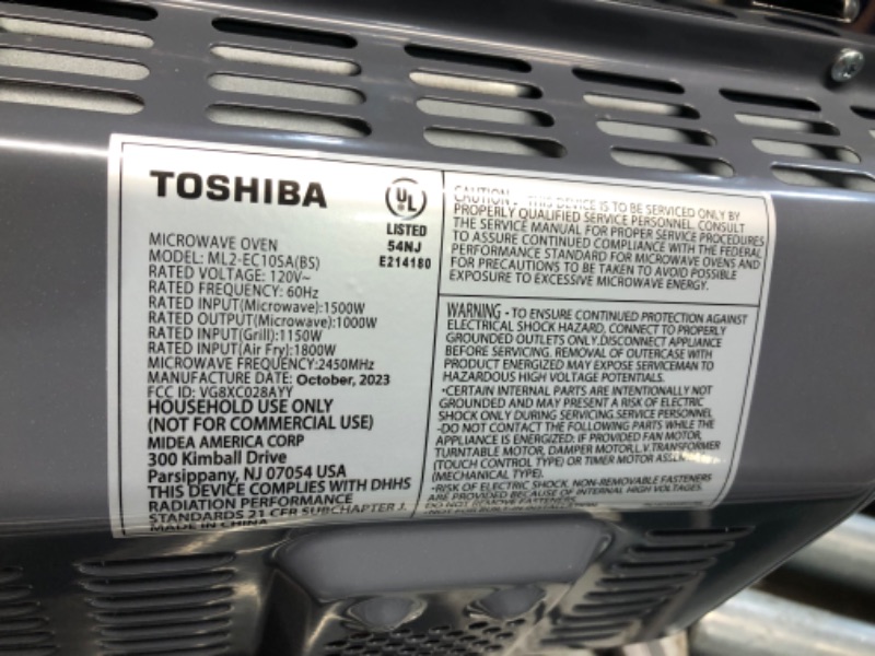 Photo 9 of ***USED - DAMAGED - UNTESTED - SEE COMMENTS***
TOSHIBA Air Fryer Combo 8-in-1 Countertop Microwave Oven, Convection, Broil, Odor removal, Mute Function, 12.4" Position Memory Turntable with 1.0 Cu.ft, Black stainless steel, ML2-EC10SA(BS)