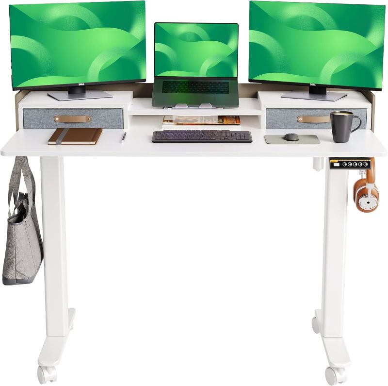 Photo 1 of ***STOCK PHOTO FOR REFERENCE***Standing Desk with Drawers, Stand Up Electric Standing Desk Adjustable Height, Sit Stand Desk with Storage Shelf and Splice Board, 48 Inch, White
