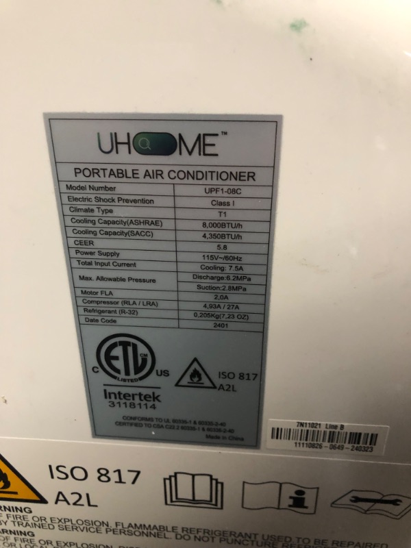 Photo 3 of ***NONREFUNDABLE - THIS SALE FINAL -  PARTS ONLY - SEE COMMENTS***
Uhome 2024 New Portable Air Conditioner, 8000 BTU Compact AC Unit with Cooling, Dehumidifier, Fan, Remote Control and Window Mount Kit Included, White