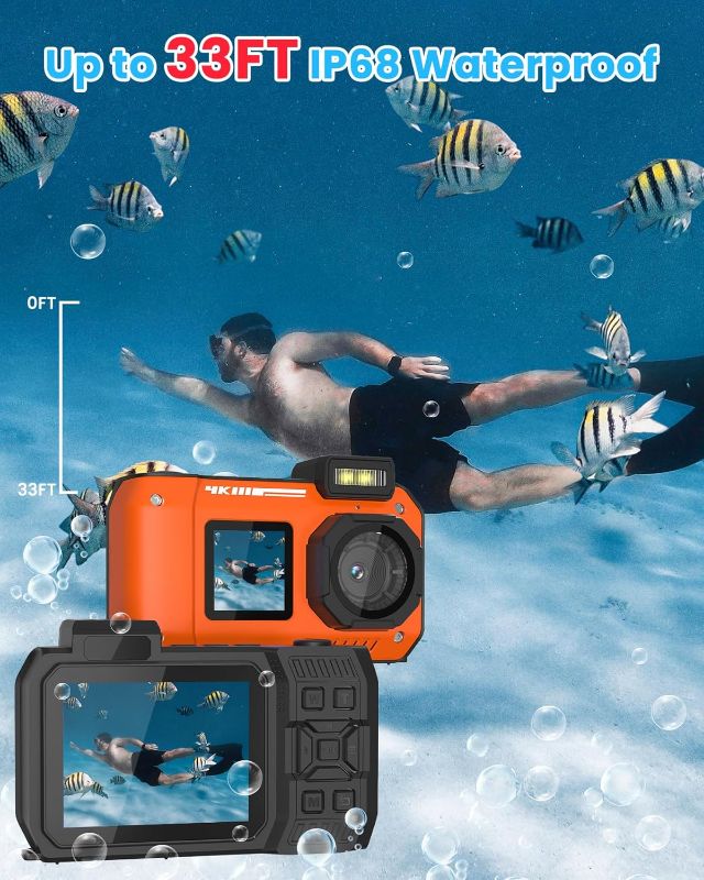 Photo 3 of (READ FULL POST) 33FT Underwater Camera 4K 48MP Waterproof Camera Rugged Dustproof Shockproof, Autofocus Selfie Dual-Screen Underwater Camera for Snorkeling Diving Sport Floatable Digital Camera with 64GB Card(Orange)