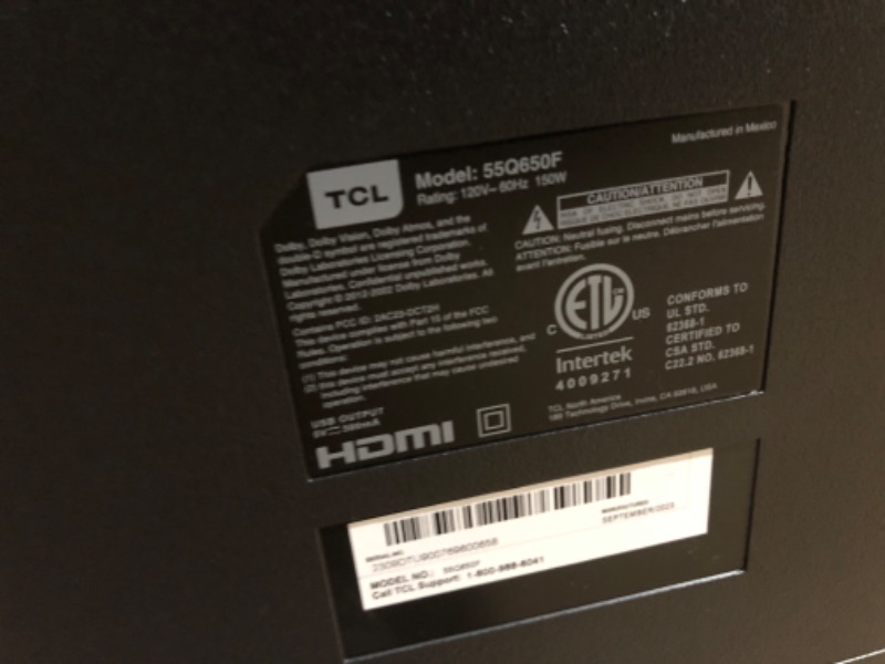 Photo 5 of (unable to test for power. missing power cord)
TCL 55-Inch Q6 QLED 4K Smart TV with Fire TV (55Q650F