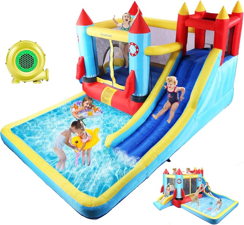 Photo 1 of 
Inflatable Bounce House for Kids 146 x 132 x 82 inch, Indoor/Outdoor Bouncy House with Large Splashing Pool, Bouncing Area, 2 Water Slides,Climbing Wall,