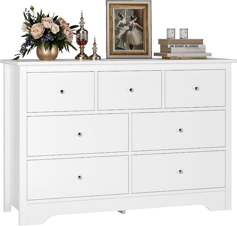 Photo 1 of  White Dresser 7 Drawer with 19'' Deeper Depth, 47.2'' White Chest of Drawers Modern Dresser with Metal Handles, White Dresser Chest of Drawers with Large Drawer Storage Space for Home
