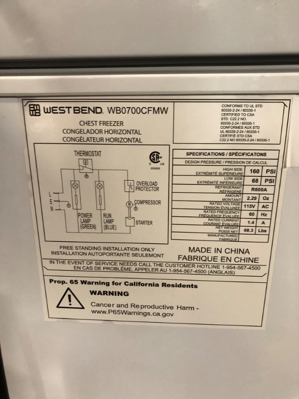 Photo 8 of ***NONREFUNDABLE - THIS SALE FINAL - FOR PARTS ONLY - SEE COMMENTS***
West Bend WB0700CFMW Chest Freezer with Adjustable Temperature Control, Free-Standing with Single Flip-Up Lid, Manual Defrost with Drain Perfect for Homes, Garages, Basements, 7-Cu.Ft, 