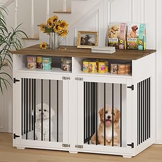 Photo 1 of ***DAMAGED* MISSING PARTS*** 41 inch Dog Crate Furniture, Farmhouse Dog Kennel Indoor with Divider & Shelf Storage, Wooden Indoor Dog Crate for 2 Dogs, Decorative Pet Crate End Table for Large Dogs, White
