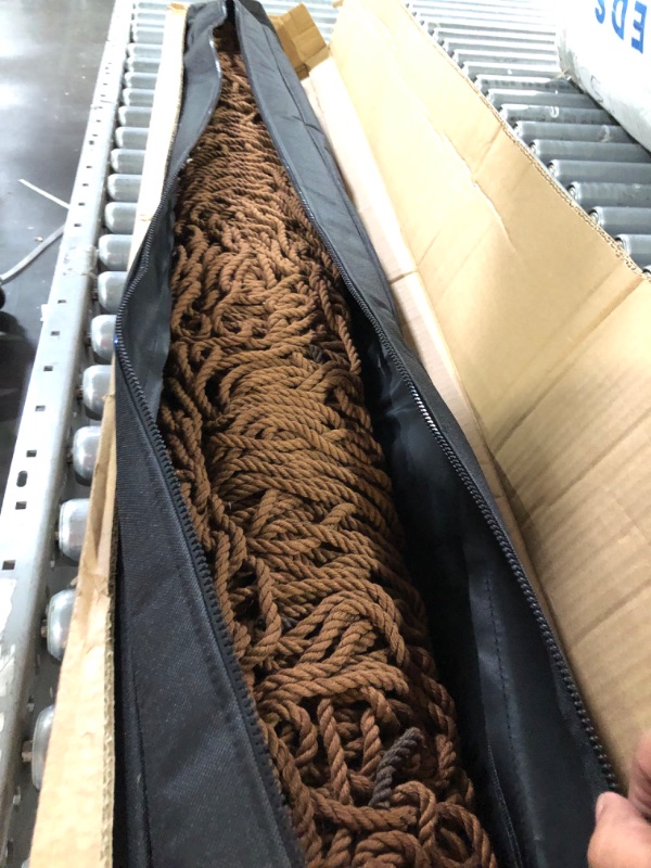 Photo 4 of ***DAMAGED - BAG SLASHED - LIKELY MISSING PARTS - SEE PICTURES***
Castaway Living 13 ft. Double Traditional Hand Woven Antique Brown Polyester Rope Hammock with Free Extension Chains,Tree Hooks & Storage Bag, for 2 People with a Weight Capacity of 450 lbs