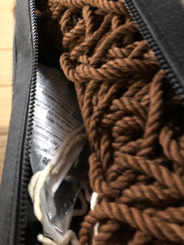 Photo 3 of ***DAMAGED - BAG SLASHED - LIKELY MISSING PARTS - SEE PICTURES***
Castaway Living 13 ft. Double Traditional Hand Woven Antique Brown Polyester Rope Hammock with Free Extension Chains,Tree Hooks & Storage Bag, for 2 People with a Weight Capacity of 450 lbs