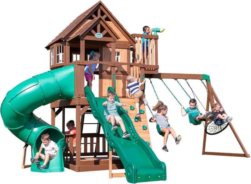 Photo 1 of 
Backyard Discovery Skyfort All Cedar Swing Set, Elevated Covered Wood Roof Clubhouse with Bay Windows, 2 Belt Swings, Web Swing, 10ft Wave