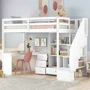 Photo 1 of *** INCOMPLETE*** DNYN Stairway Twin Size Loft Bed with Desk(L Shaped) & Storage Shelves & Wardrobe Design for Kids/Teen/Adults,Sturdy Metal Bedframe w/Safety Guardrails,Super Save Space & No Box Spring Needed, White- INCOMPLETE