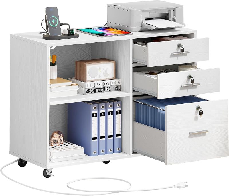 Photo 1 of  Drawer File Cabinet with Charging Station, Mobile Filing Cabinet with Lock, White