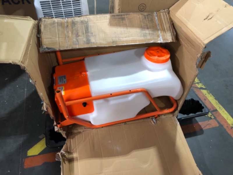 Photo 1 of ***USED - DAMAGED - SEE COMMENTS***
VEVOR Battery Powered 15 Gallon Garden Weed Sprayer with Wheeled Cart, 126FT Hose with Reel, 8 Nozzles, 2 Wands with Lock Trigger, 0-90PSI, 5-6h Spray Time, Wide Mouth Lid, Rotating Wheels with Brake