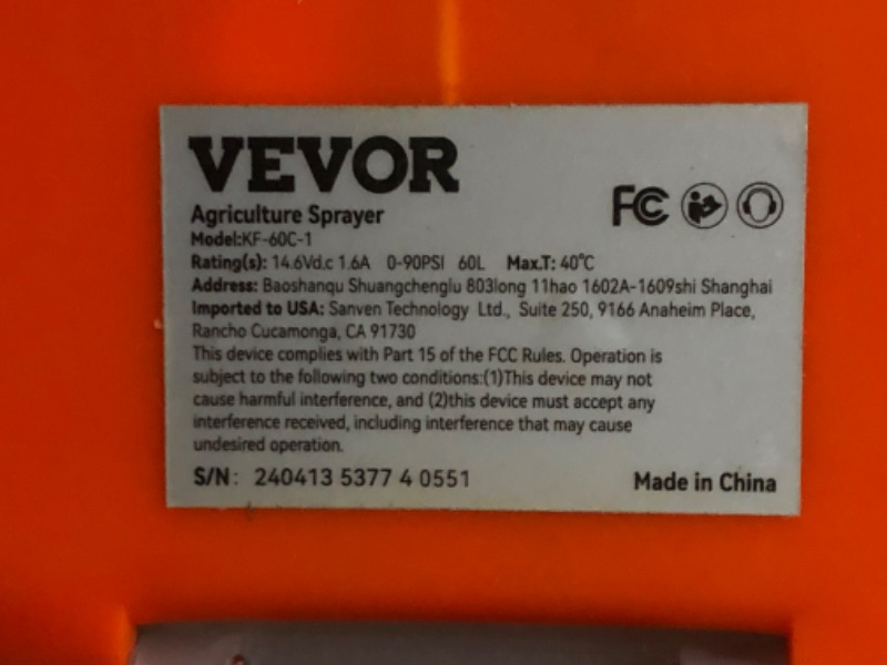 Photo 5 of ***USED - DAMAGED - SEE COMMENTS***
VEVOR Battery Powered 15 Gallon Garden Weed Sprayer with Wheeled Cart, 126FT Hose with Reel, 8 Nozzles, 2 Wands with Lock Trigger, 0-90PSI, 5-6h Spray Time, Wide Mouth Lid, Rotating Wheels with Brake