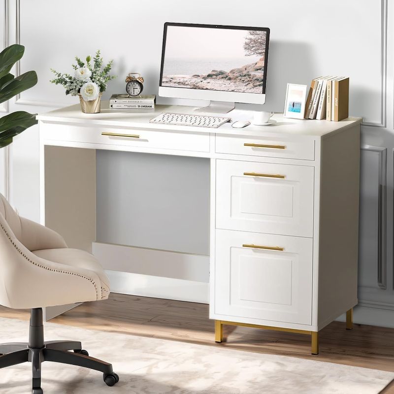 Photo 1 of 
4 EVER WINNER White Desk with Drawers, 43” Home Office Small Desk with Drawers, Gold Hardware for Small Space, White and Gold Desk