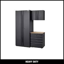 Photo 1 of **MISSING LARGE CABINET**
Husky 4-Piece Heavy Duty Welded Steel Garage Storage System in Black (92 in. W x 81 in. H x 24 in. D)