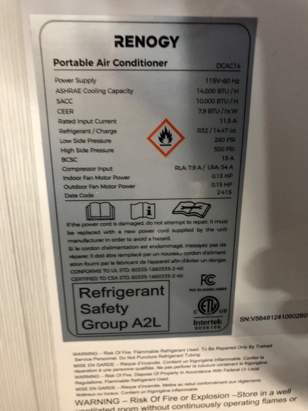 Photo 4 of ***NONREFUNDABLE - THIS SALE FINAL -  PARTS ONLY - SEE COMMENTS***
Renogy 14,000 BTU Portable Air Conditioners with Smart WiFi Enabled, Cooling, Dehumidifier, Fan & Sleep Modes 4-in-1 Portable AC w/Remote Control & Window Kit, Cools Up To 700 sq. ft, 1-24