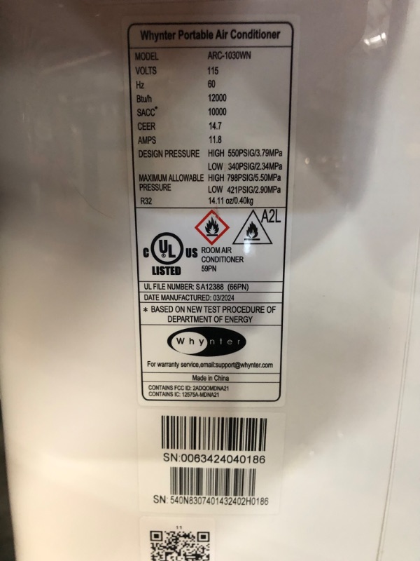 Photo 3 of ***USED - LIKELY MISSING PARTS - POWERS ON - NO PACKAGING - SEE PICTURES***
Whynter ARC-1030WN 12 000 BTU (10 000 BTU SACC) NEX Inverter Dual Hose Cooling Portable Air Conditioner Dehumidifier and Fan with Smart Wi-Fi 