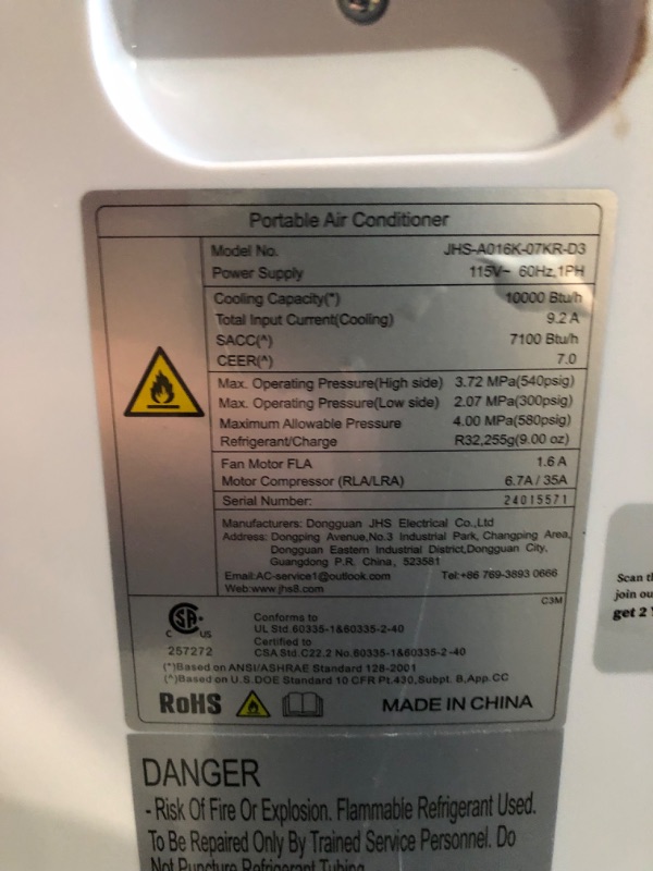 Photo 6 of ***USED - POWERS ON - UNABLE TO TEST FURTHER - SEE COMMENTS***
Portable Air Conditioners - 2024 Upgraded 10000 BTU Portable AC for Room up to 450 Sq. Ft, 3 in 1 AC Unit with 24H Timer, Smart Sleep Mode, Remote Control, Air Cooler for Bedroom Room Kitchen 