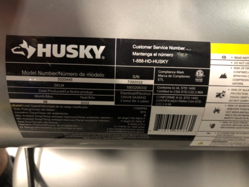 Photo 5 of ***NONREFUNDABLE - THIS SALE FINAL -  PARTS ONLY - SEE COMMENTS***
Husky 4.5 Gal. 175 PSI Portable Electric Quiet Air Compressor