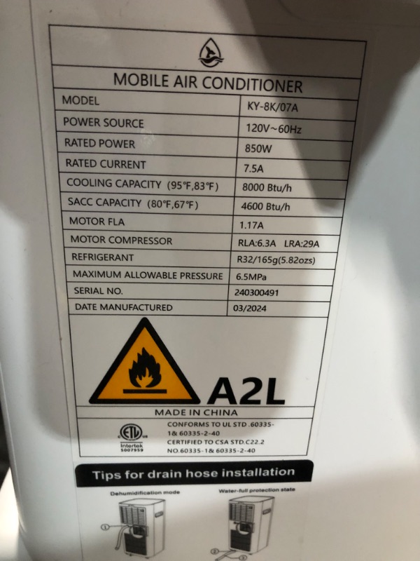 Photo 6 of ***USED - MISSING PARTS - UNTESTED - SEE COMMENTS***
8,000 BTU Portable Air Conditioners Up to 300 Sq.Ft, Portable AC for Room with Remote Control, Built-in Dehumidifier, Fan, Easy Window Installation Kit 8000 BTU