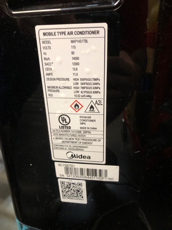 Photo 5 of ***NONREFUNDABLE - THIS SALE FINAL -  PARTS ONLY - SEE COMMENTS***
Midea Duo 14,000 BTU (12,000 BTU SACC) High Efficiency Inverter, Ultra Quiet Portable Air Conditioner, Cools up to 550 Sq. Ft., Works with Alexa/Google Assistant, Includes Remote Control &