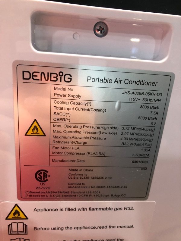 Photo 3 of ***NONREFUNDABLE - THIS SALE FINAL -  PARTS ONLY - SEE COMMENTS***
DENBIG Portable Air Conditioner for Room up to 350 sq.ft, 8,000 BTU A/C Unit with Dehumidifier and Cooling Fan with 2 Speeds, 24-Hour Timer, Sleep Mode, Remote Control, Window Installation