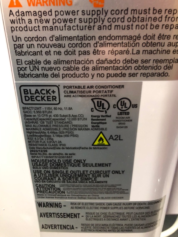 Photo 6 of ***USED - DAMAGED - UNTESTED - SEE COMMENTS***
BLACK+DECKER 12,000 BTU Portable Air Conditioner up to 550 Sq.Ft. with Remote Control, White