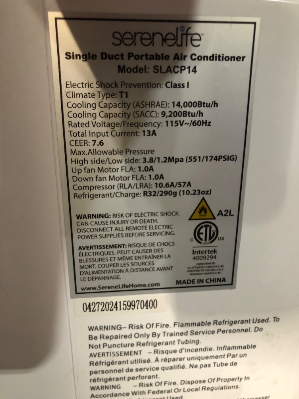 Photo 4 of ***DAMAGED - UNTESTED - NO PACKAGING - SEE COMMENTS***
SereneLife SLACP14 Single Duct Portable Air Conditioner-14000 BTU Capacity (Ashrae) Compact Home A/C Cooling Unit with Built-in Dehumidifier & Fan Modes, Includes Window Mount Kit (White) 1400 BTU