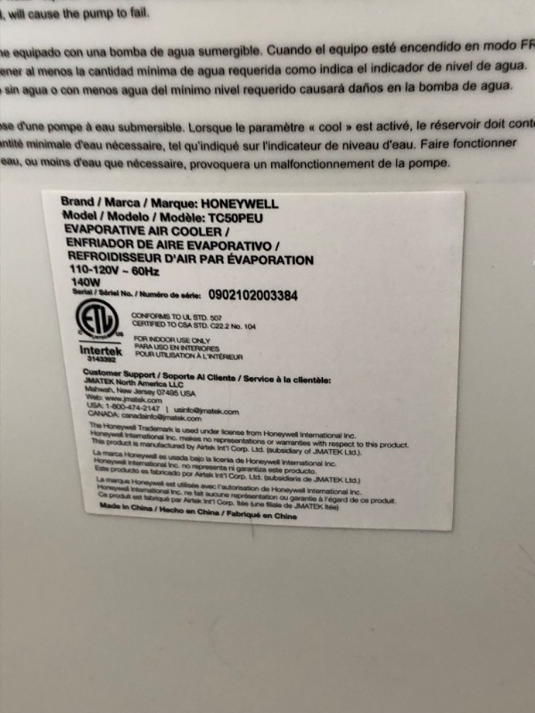 Photo 5 of ***NONREFUNDABLE - THIS SALE FINAL -  PARTS ONLY - SEE COMMENTS***
Honeywell Indoor Portable Evaporative Tower Air Cooler with Fan & Humidifier, Washable Dust Filter & Remote Control, TC50PEU, White 53.6"