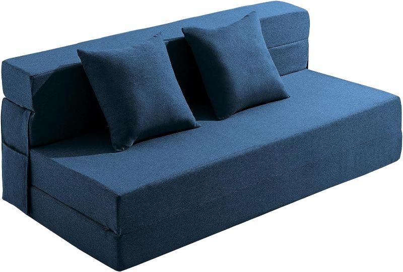 Photo 1 of ***USED - DIRTY - NO PACKAGING - SEE PICTURES***
JKMAX Queen Size Folding Sofa Bed - 4 in 1 Futon Chair with Two Pillows - High Density Memory Foam Foldable Couch - Convertible Folding Bed with Washable Modern Linen Cover for Home Office (Blue)