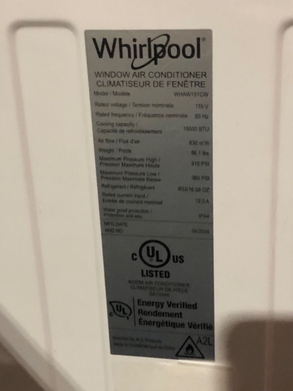 Photo 8 of ***DAMAGED - NO PACKAGING - UNTESTED - SEE COMMENTS***
Whirlpool 15,000 BTU 115V Window Air Conditioner Cools 700 Sq. Ft. with ENERGY STAR and Remote in White