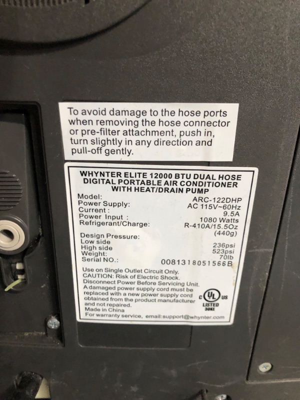 Photo 3 of ***USED - DAMAGED - MISSING PARTS - SEE COMMENTS***
Whynter Portable Air Conditioner 12,000 BTU & Portable Heater with Dual Hose Dehumidifier & Cooling Fan for 400 Sq Ft Rooms, Includes AC Unit Window Kit Elite ARC-122DHP (7,000 BTU SACC), Silver