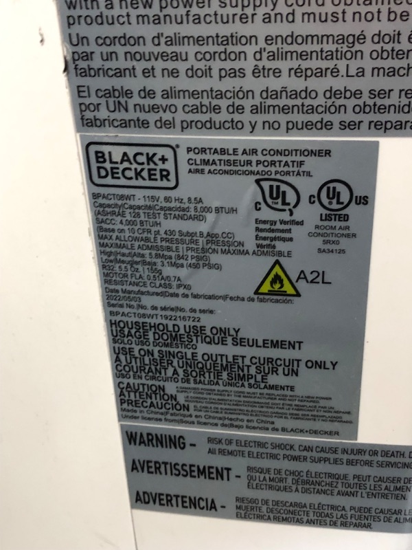 Photo 3 of ***USED - MISSING PARTS - SEE COMMENTS***
BLACK+DECKER 8,000 BTU Portable Air Conditioner up to 350 Sq.Ft.with Remote Control, White