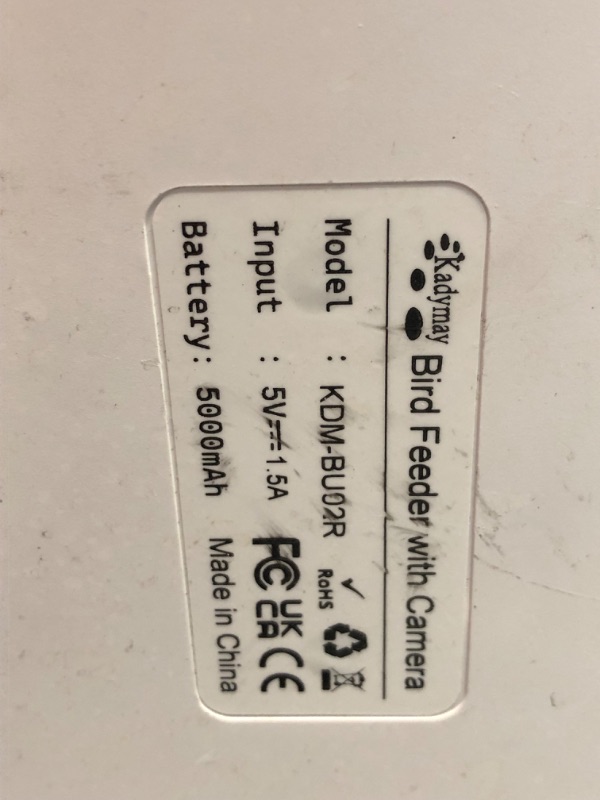 Photo 5 of ***DAMAGED - CABLE BROKEN - HEAVILY USED AND DIRTY - LIKELY MISSING PARTS - SEE PICTURES - UNABLE TO TEST***
Kadymay® Bird Feeder with Camera, 2K 3MP HD Camera Bird Feeder, AI Identify +10,000 Bird Species, Solar Powered Face Sun, Live Video & Playback on