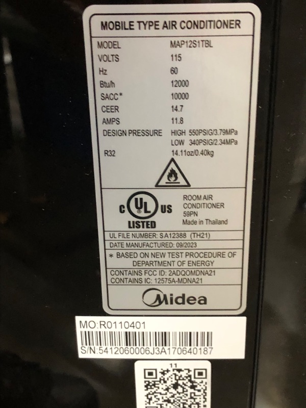 Photo 7 of ***USED - UNTESTED - SEE COMMENTS***
Midea Duo 12,000 BTU (10,000 BTU SACC) High Efficiency Inverter, Ultra Quiet Portable Air Conditioner, Cools up to 450 Sq. Ft., Works with Alexa/Google Assistant, Includes Remote Black 12,000 BTU