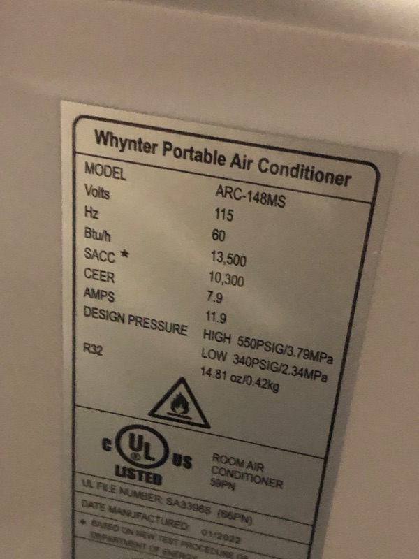 Photo 3 of ***USED - UNTESTED - NO PACKAGING - SEE COMMENTS***
Whynter ARC-148MS 14,000 (10,300 BTU SACC) Portable Air Conditioner with Activated Carbon and SilverShield Filters, up to 500 sq ft, White
