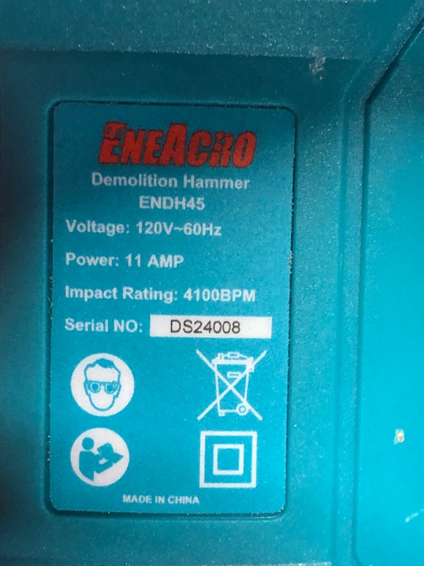 Photo 3 of ***HEAVILY USED AND DIRTY - MISSING ACCESSORIES - UNABLE TO TEST - SEE PICTURES***
ENEACRO SDS-Max Demolition Jack Hammer for Concrete, Lightweight 11 Amp Electric Demo Chipping Hammer?Aluminum Alloy Shell, Vibration Control, Includes Grease, Tool Bag and