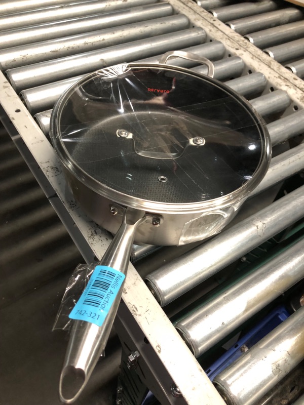 Photo 2 of ***USED - NO PACKAGING - HANDLE LOOSE***
DELARLO Tri-Ply Stainless Steel 12 Inch Deep Frying Pan with lid 7QT Saute Pan Nonstick, Induction Compatible Chef Cooking Pan, Large Pan