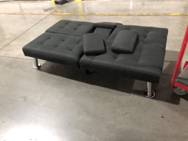 Photo 5 of ***USED - NO PACKAGING - SEE PICTURES***
Flamaker Futon Sofa Bed Modern Folding Futon Set Linen Fabric Convertible Recliner Lounge for Living Room with 2 Cup Holders, Removable Armrests (Fabric, Black)