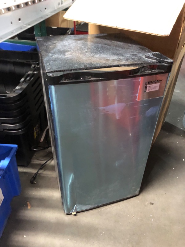 Photo 12 of ***USED - MAJOR DAMAGE - UNTESTED - SEE COMMENTS***
EUHOMY 3.2 Cu.Ft Mini Fridge with Freezer, Single Door Compact Refrigerator, Energy Saving, Mini Refrigerator Adjustable Thermostat, Mini fridge for Bedroom, Dorm, Office, Silver