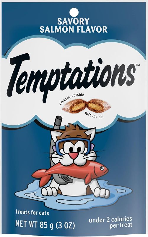 Photo 1 of ***NON REFUNDABLE*** Temptations Classic Crunchy and Soft Cat Treats Savory Salmon Flavor, 3 oz. Pouch (Pack of 12) Best By 08/05/2024